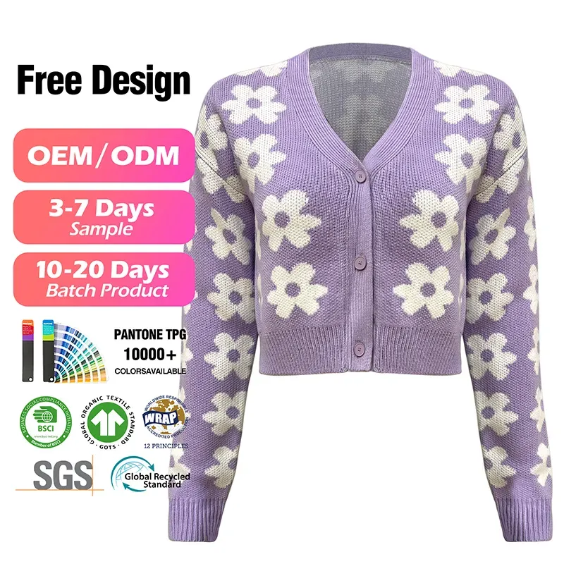 Chic Daisy Jacquard V-Neck Floral Knit Cardigan