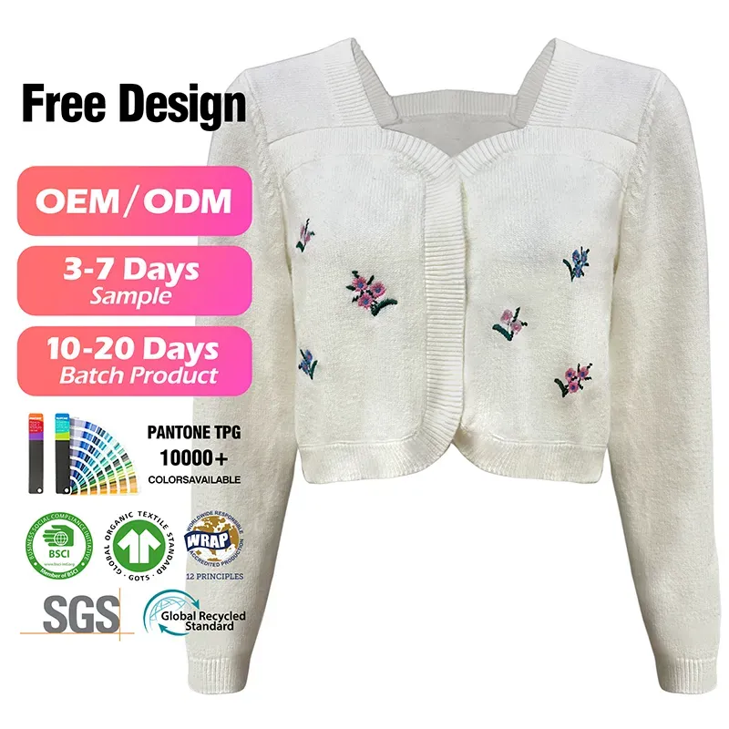 Elegant Floral Embroidery 12GG Sweetheart Knit Cardigan