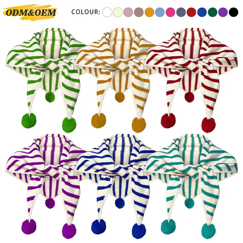 Striped Jacquard 12GG Knit Beanie With Pom-Poms & Tassels