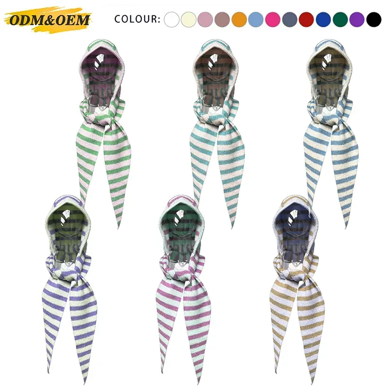 Striped Jacquard 12GG Knit Hooded Scarf Beanie Balaclava