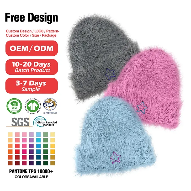 Star Embroidered Feather Beanie: Plush Decorative Knits