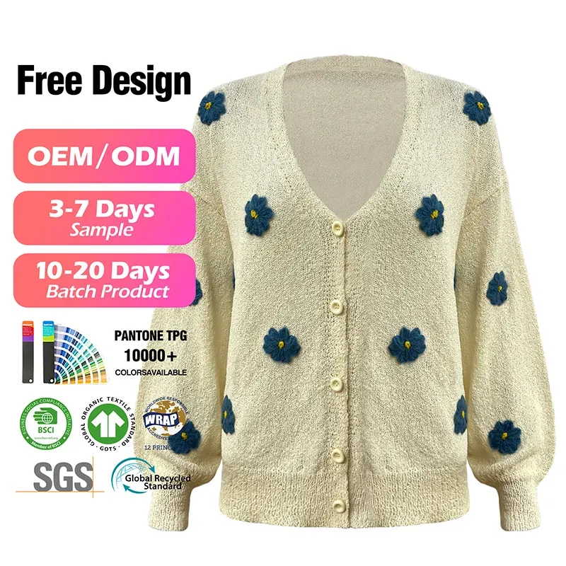 3D Floral V-Neck Cardigan: Eco-Friendly Recycled Cotton Knit