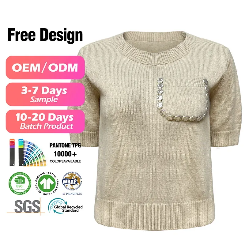 Pearl Pocket Knit Top: Silk-Touch Short Sleeve Sweater