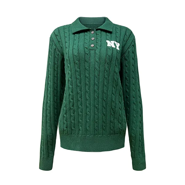 cable knit varsity polo pullover with button placket