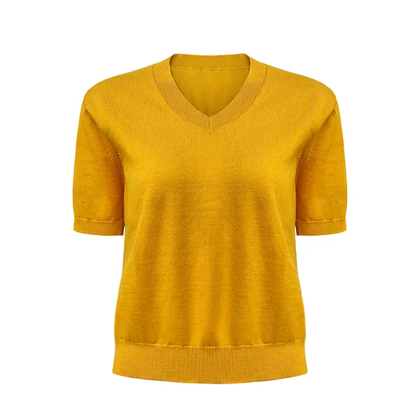 short sleeve v-neck knit pullover with ribbed cuffs