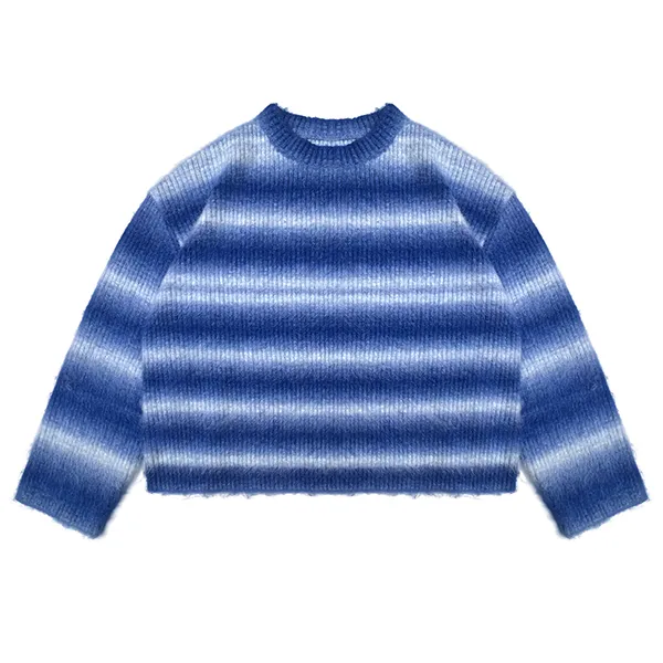 cropped fuzzy ribbed crew neck pullover with stripes