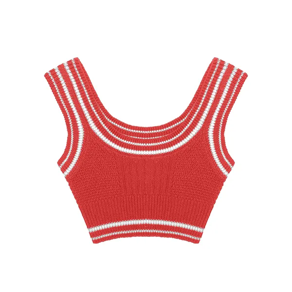 varsity style sleeveless cropped knit top with striped trims