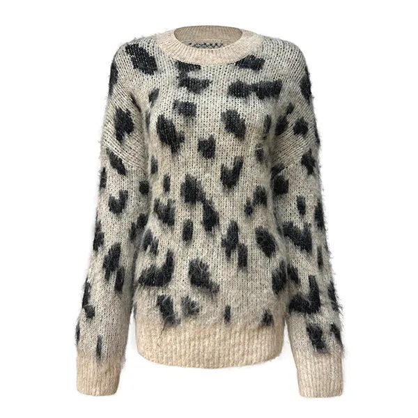 fuzzy spotted crew neck knit pullover