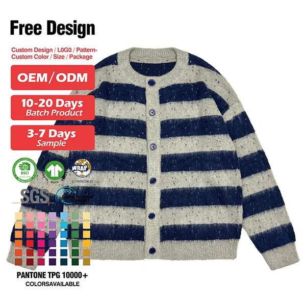 relaxed fuzzy striped knit cardigan with button