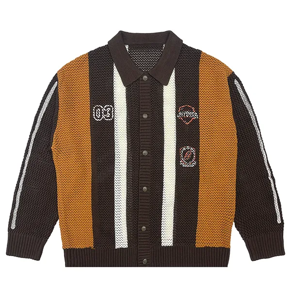 color blocked mesh knit polo cardigan with patches