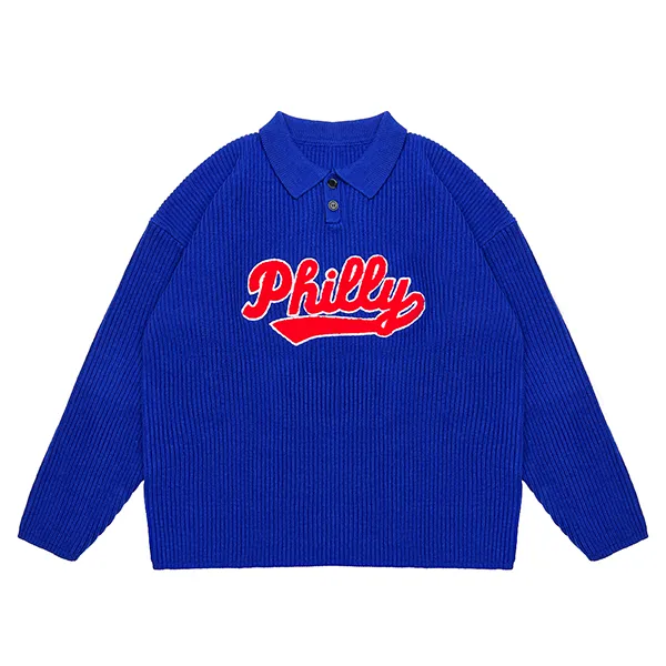 relaxed ribbed knit polo with script embroidery