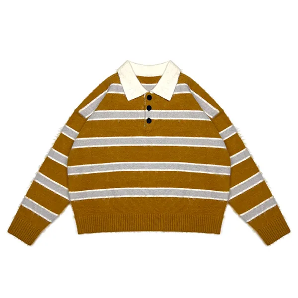 relaxed fuzzy striped knit polo with contrast collar