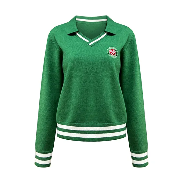 v neck varsity knit pullover with emblem patch