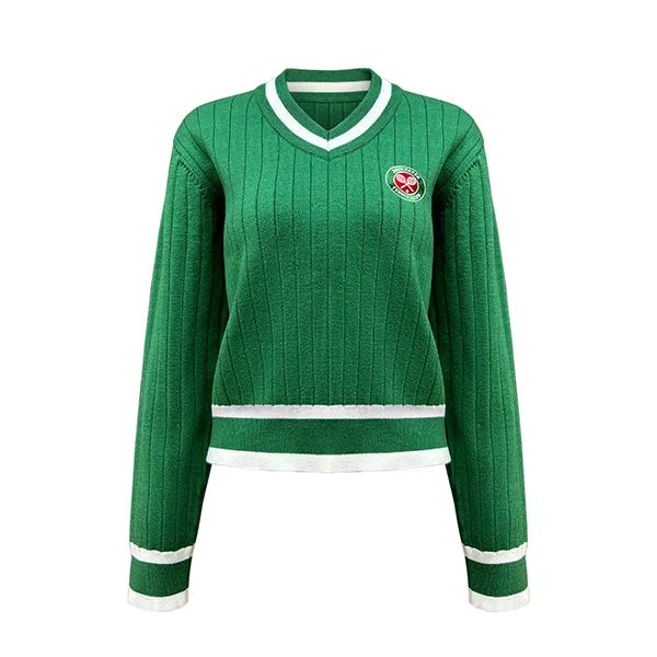 v neck ribbed knit pullover with striped trims and patch