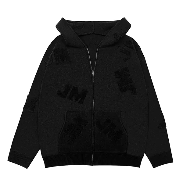 full zip knit hoodie with jacquard lettering