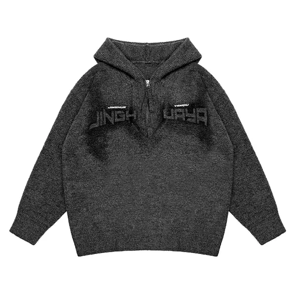half zip hooded knit pullover with jacquard graphic