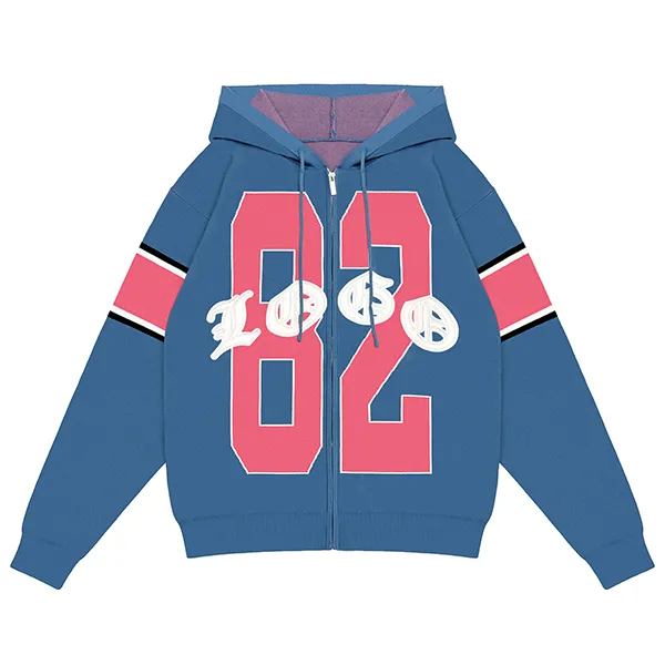 drop shoulder full zip varsity hoodie with applique numbers