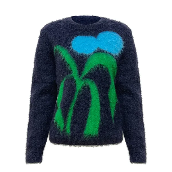 fuzzy mohair knit pullover with abstract floral graphic
