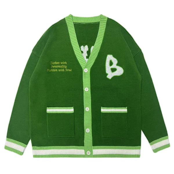 relaxed v-neck knit jacket with embroidered patches