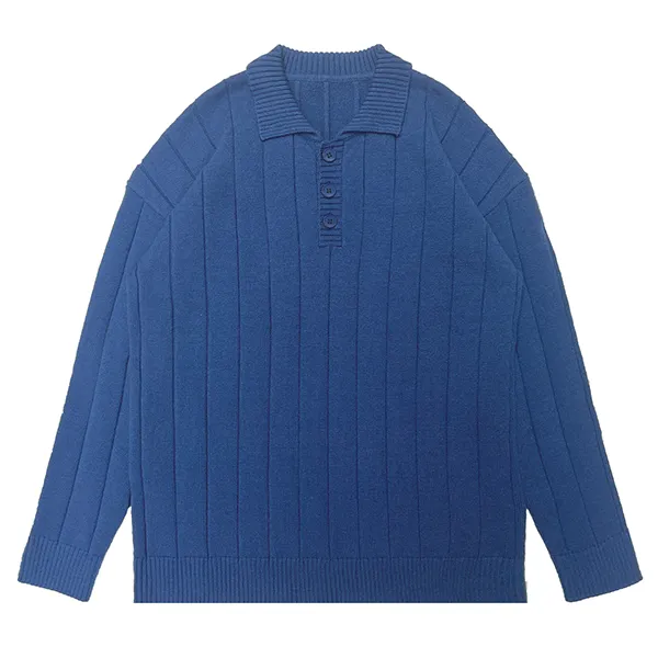 wide ribbed knit polo pullover with button placket