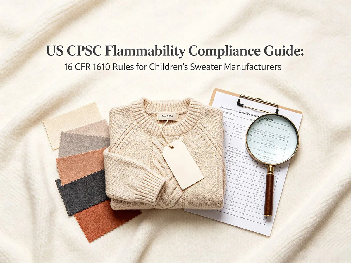 US CPSC flammability compliance guide title overlay on children knit sweater swatch with quality control report