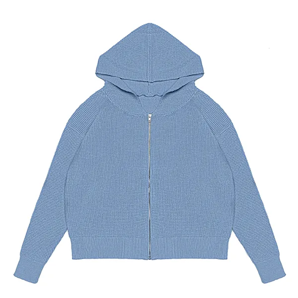 full zip waffle knit hoodie with raglan sleeves