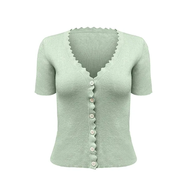 short sleeve scalloped edge v-neck ribbed knit cardigan top