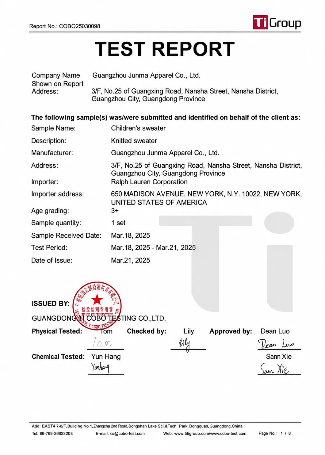 Qualified test report for OEM children's sweaters manufactured for Ralph Lauren by JMSWEATER, a certified China knitwear factory – passed quality assu