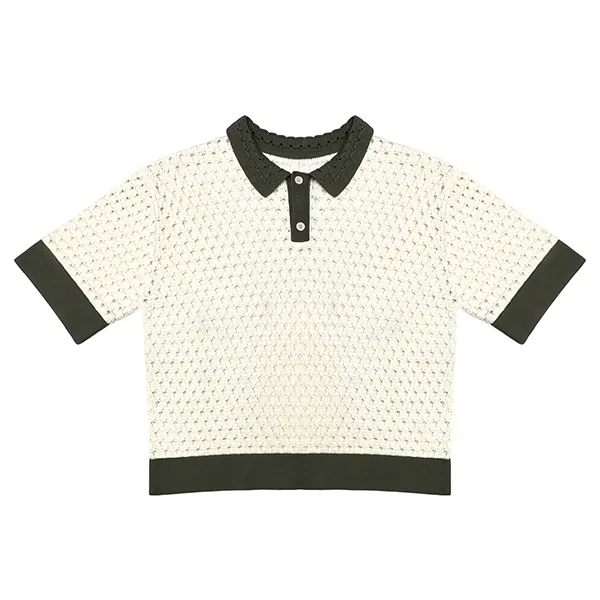 short sleeve pointelle knit polo shirt with contrast trim