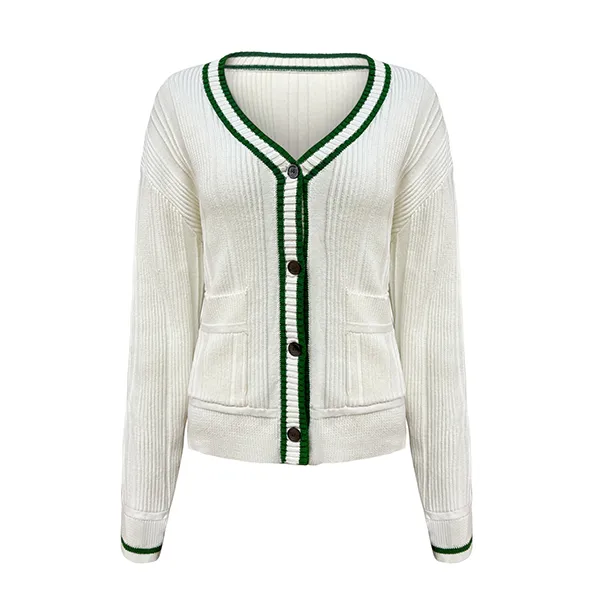 v-neck tipped ribbed cardigan preppy button down sweater