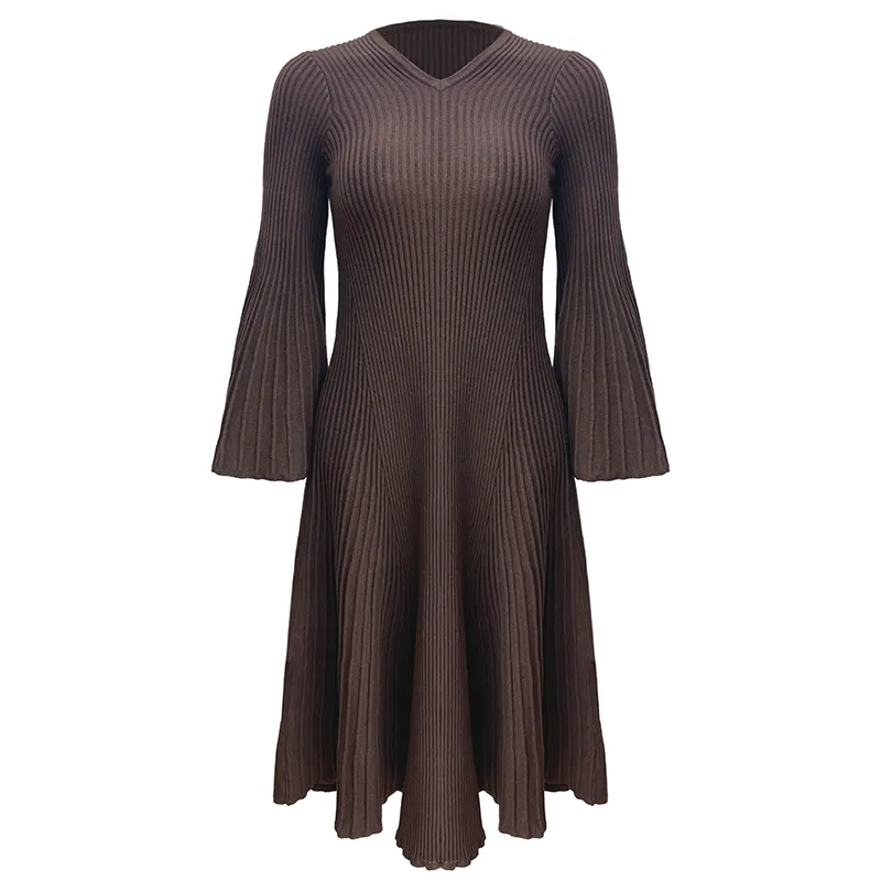 ribbed v-neck bell sleeve fit and flare sweater dress