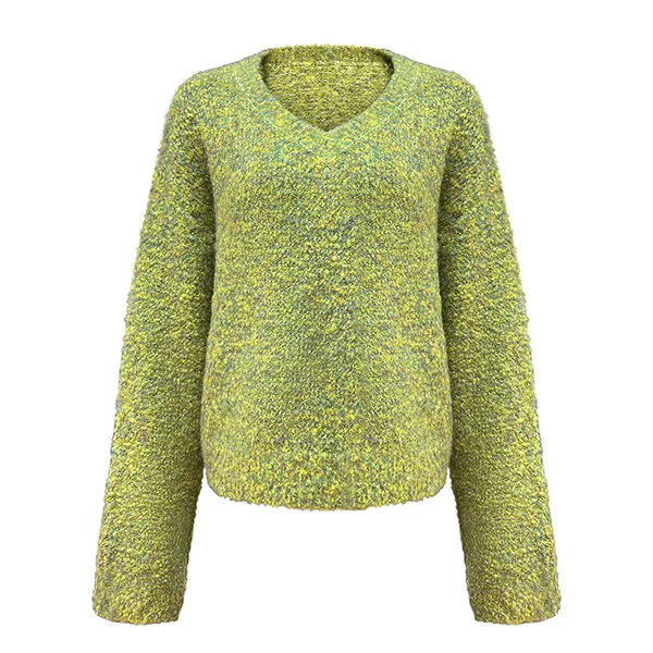 boucle textured v-neck fuzzy chunky knit pullover