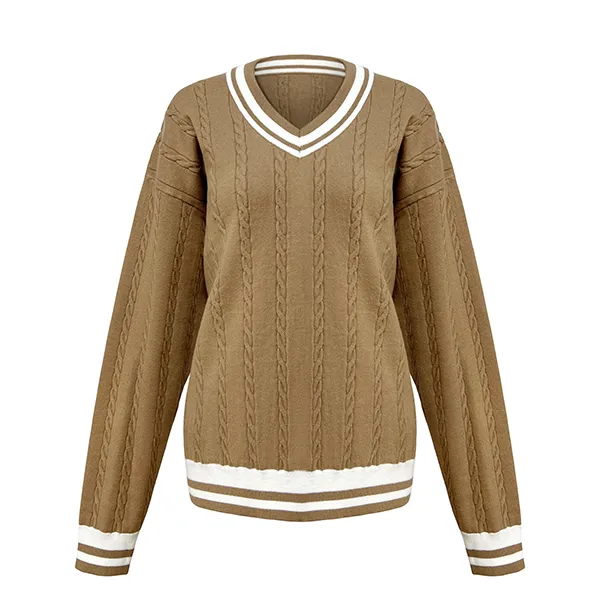 cable knit v-neck varsity sweater contrast striped trim