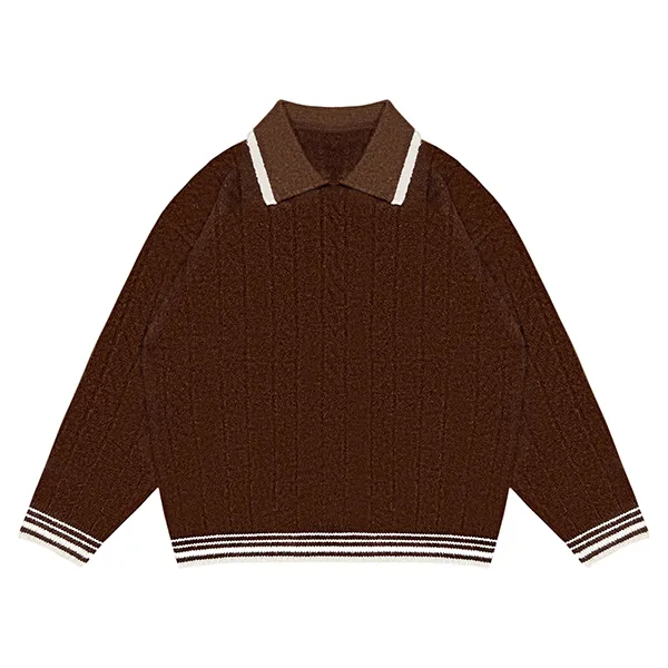 cable knit polo sweater with contrast tipped collar