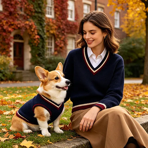 oem matching v-neck knit pullover and pet sweater