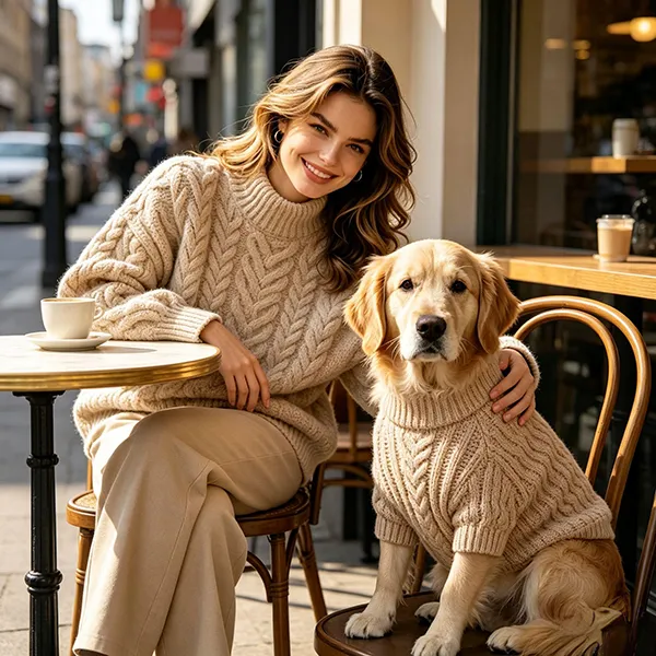 beige cable-knit turtleneck sweater for woman and golden retriever pet