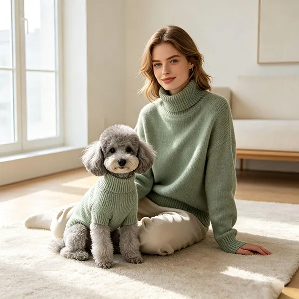 matching ribbed knit turtleneck sweater for woman and dog indoor