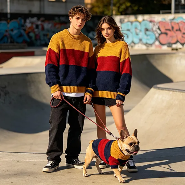 color-blocked crewneck sweater for family and dog at skatepark