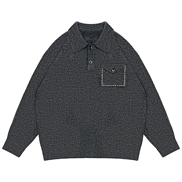 textured boucle knit polo sweater with flap pocket