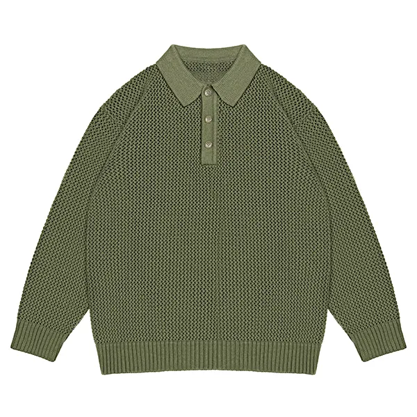 open stitch mesh polo sweater with button placket