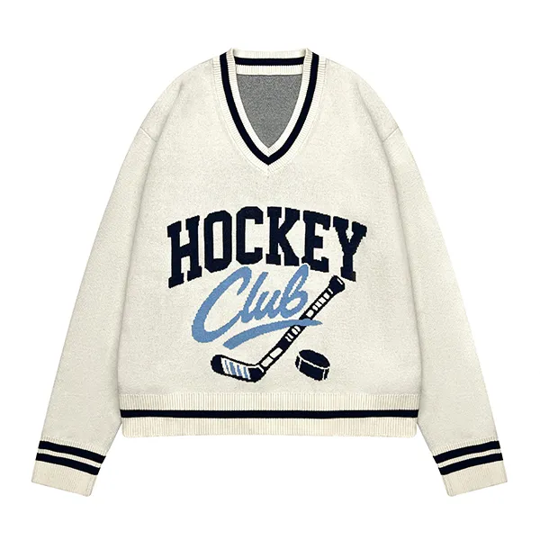 varsity intarsia graphic v-neck sweater with striped trim