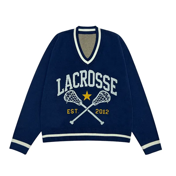 lacrosse intarsia graphic v-neck sweater with striped trim