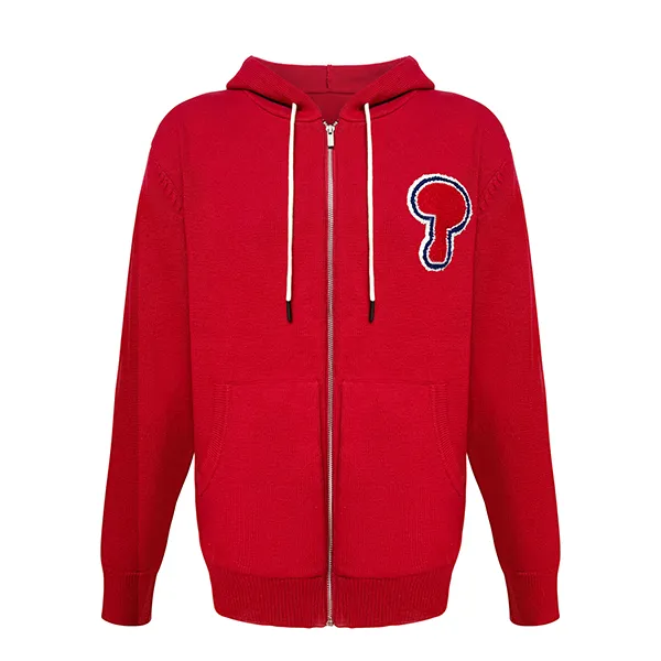 chenille patch zip up knit hooded sweater with pockets