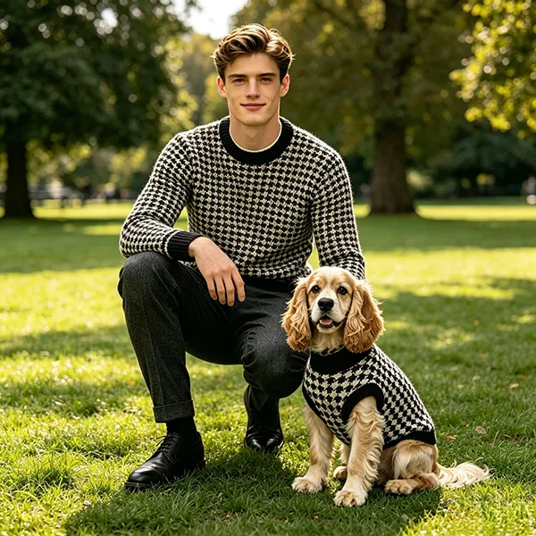 matching houndstooth jacquard dog and owner sweaters
