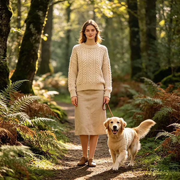 matching cable knit woman and dog sweaters in forest
