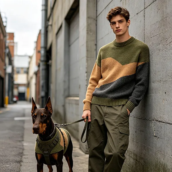 matching color block dog and owner pullover sweaters