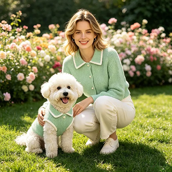 matching lapel button cardigan sweaters for woman and dog