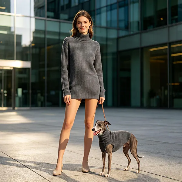 ribbed turtleneck dress and dog matching sweater