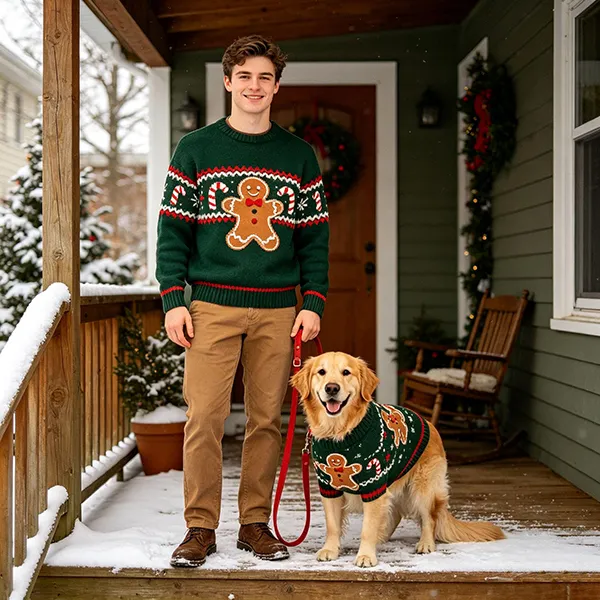gingerbread man holiday jacquard crewneck sweater for man and dog