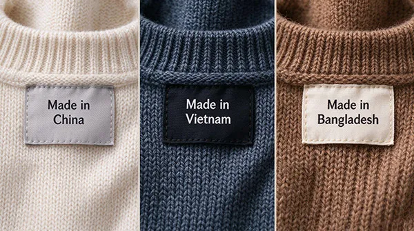 Sweater neck labels showing Made in China, Vietnam, and Bangladesh for global knitwear sourcing.